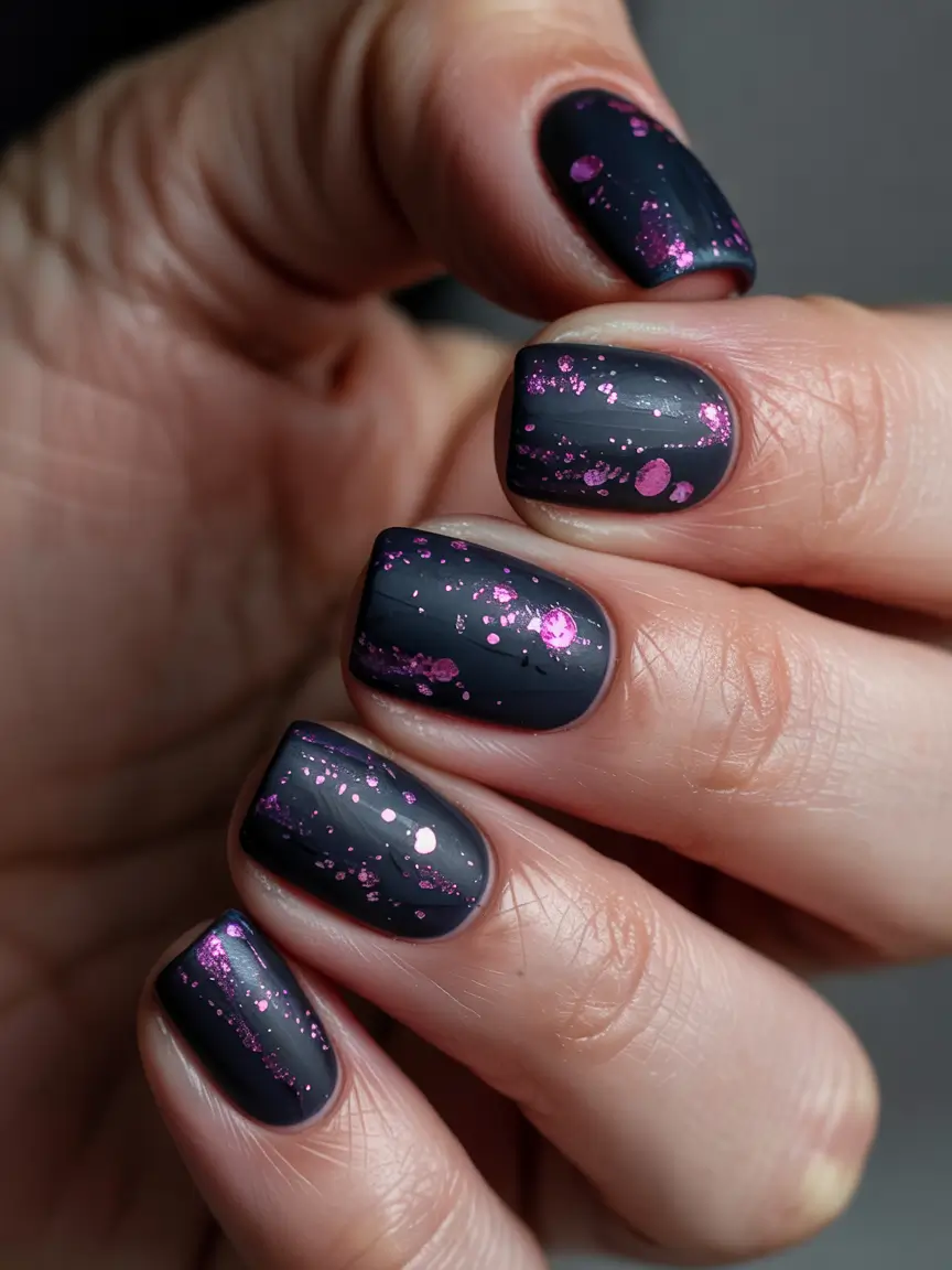 Everyday Cute Winter Nails 2025–2026 Matte Charcoal with Pink Splashes