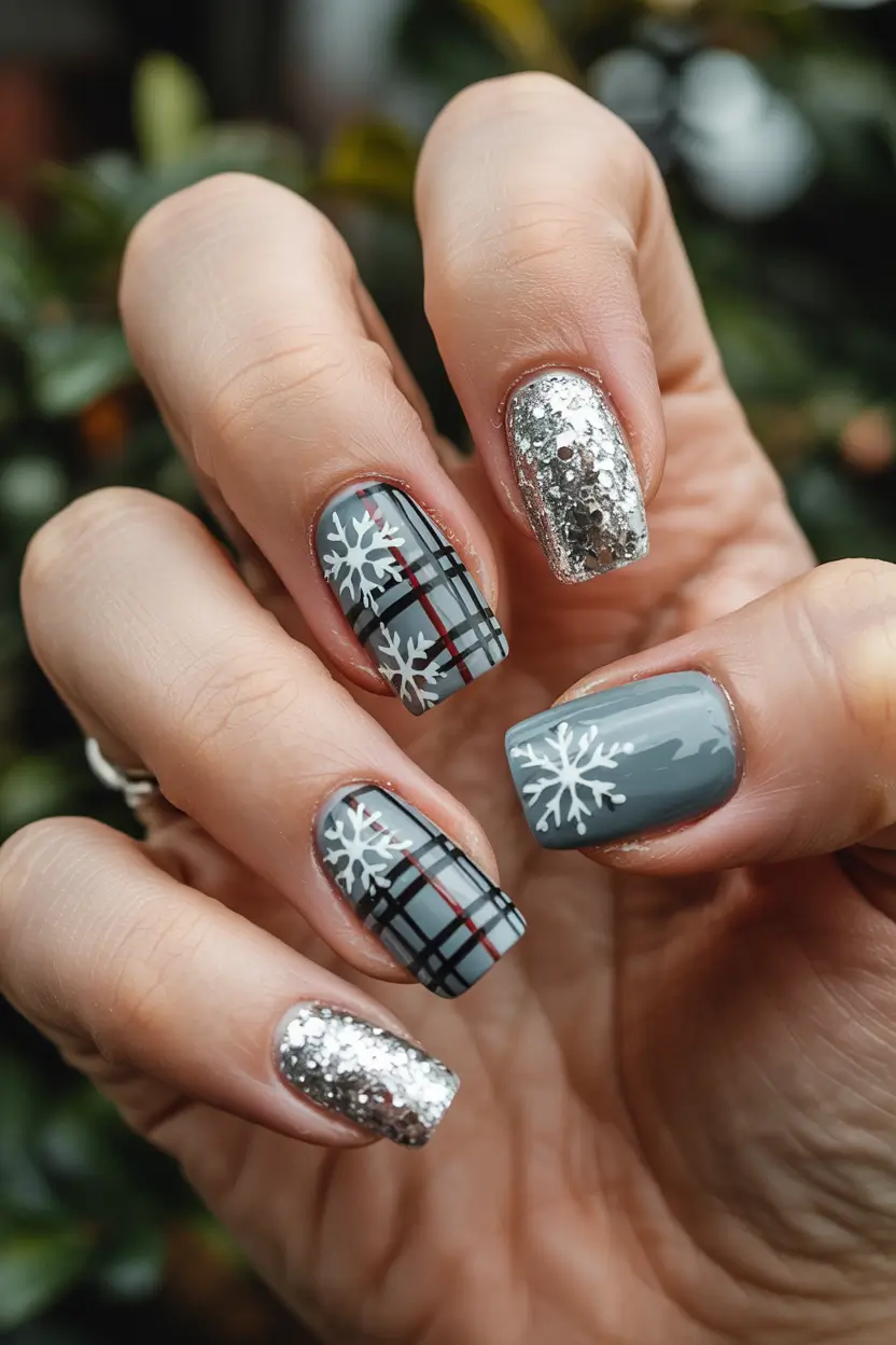 Everyday Cute Winter Nails 2025–2026 Silver Snowflakes on Gray Plaid