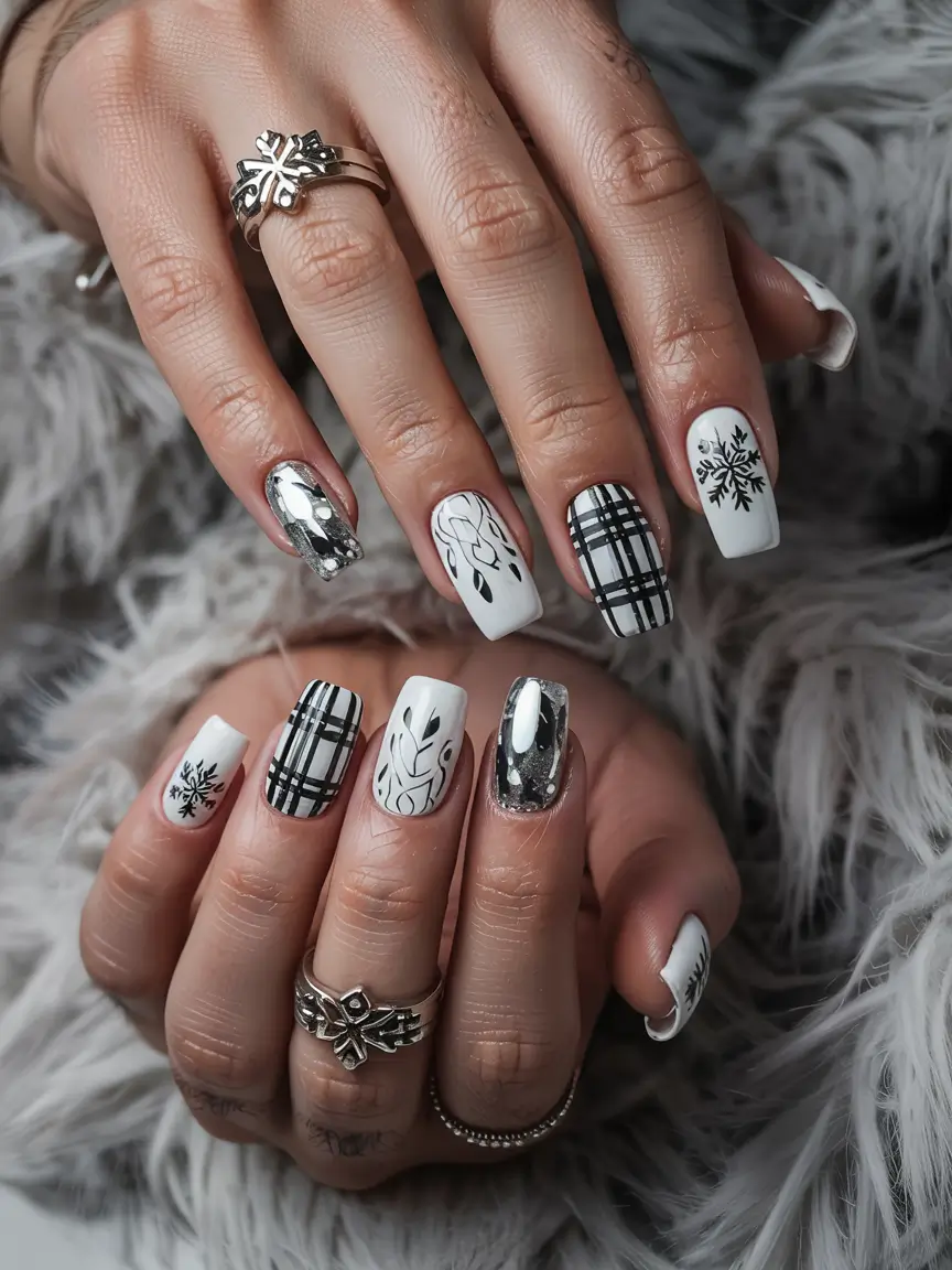 Everyday Cute Winter Nails 2025–2026 White and Chrome Mix with Nordic Patterns