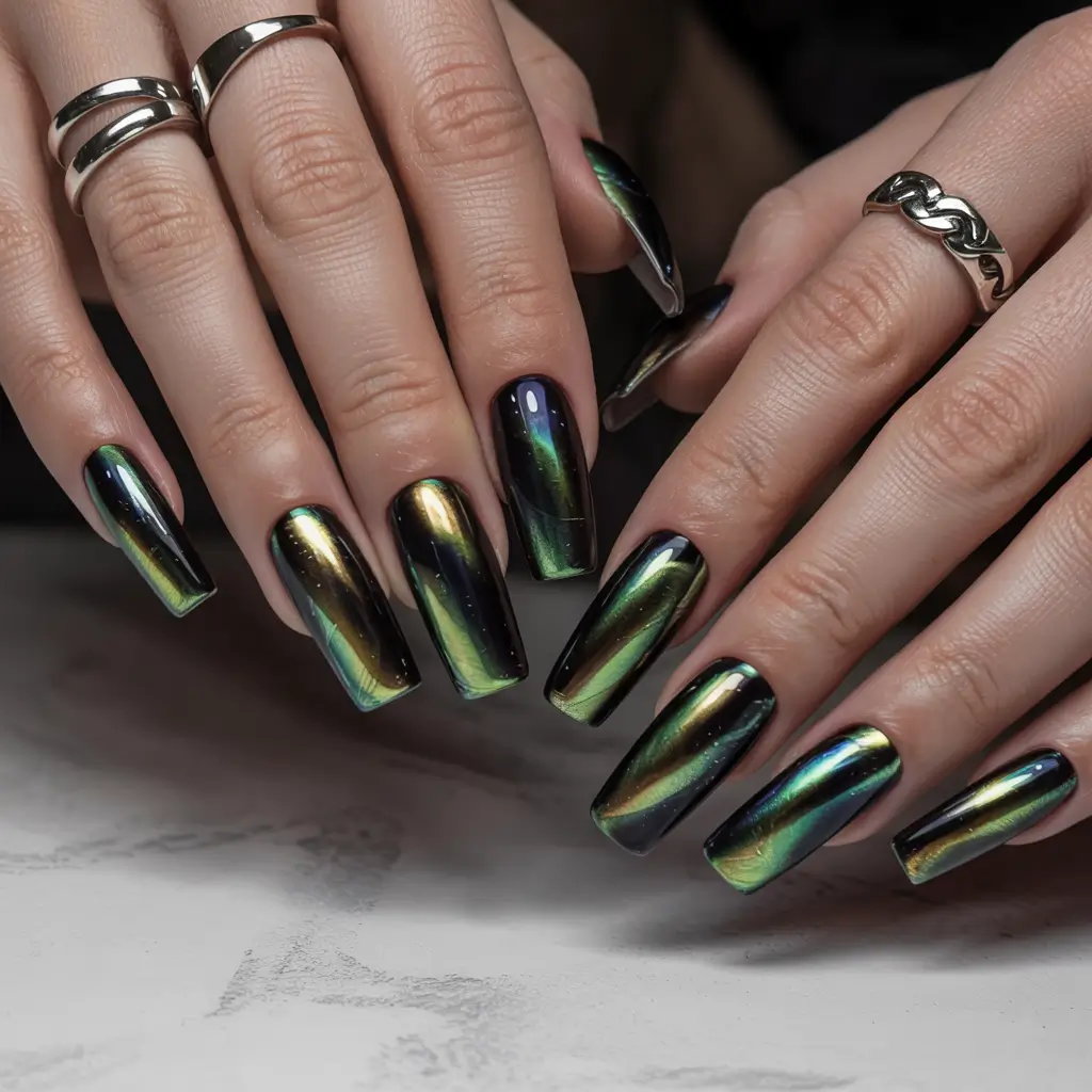 Everyday Cute Winter Nails 2025–2026 Chrome Green Cat-Eye Effect