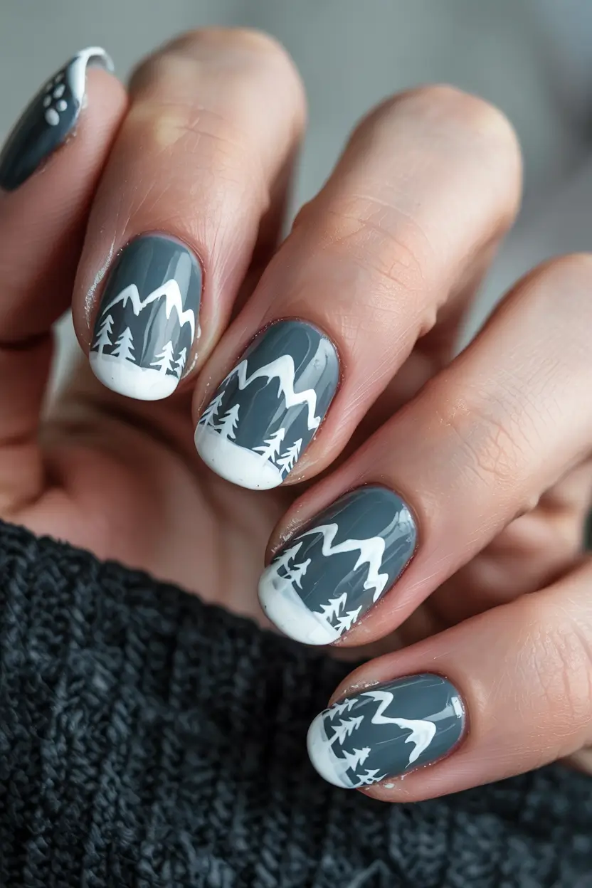 Everyday Cute Winter Nails 2025–2026 Mountain Silhouette Winter Scene
