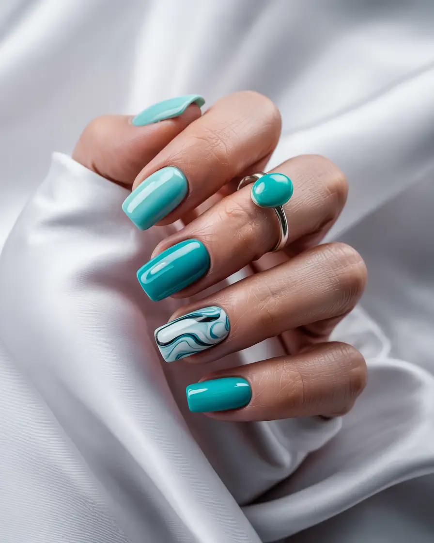 Everyday Cute Winter Nails 2025–2026 Cool Aqua Square with Marble Accent