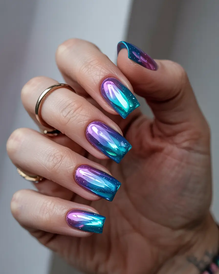 Everyday Cute Winter Nails 2025–2026 Blue and Purple Chrome Reflection