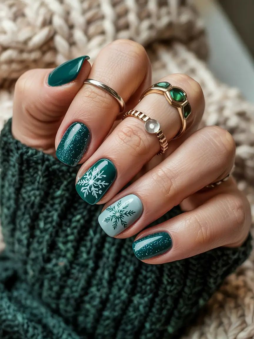 Everyday Cute Winter Nails 2025–2026 Emerald Green Snowflake Magic