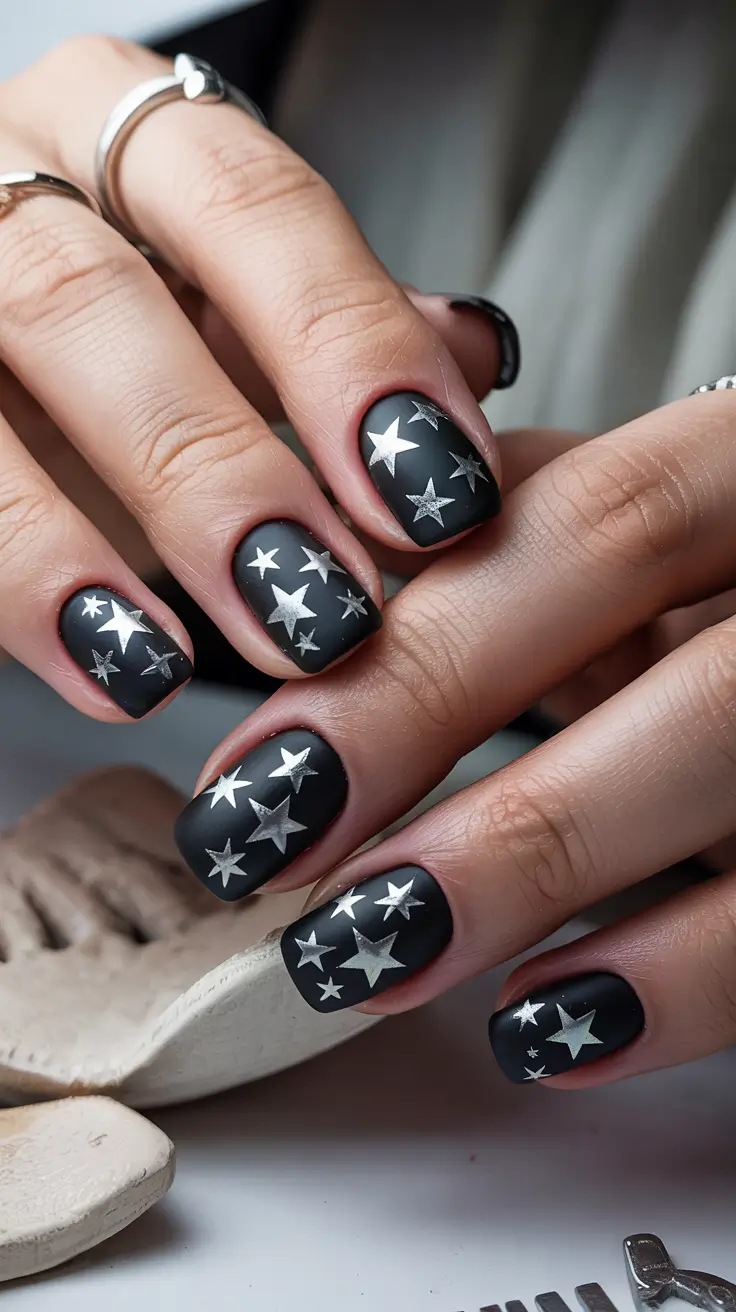 Everyday Cute Winter Nails 2025–2026 Matte Black with Silver Stars