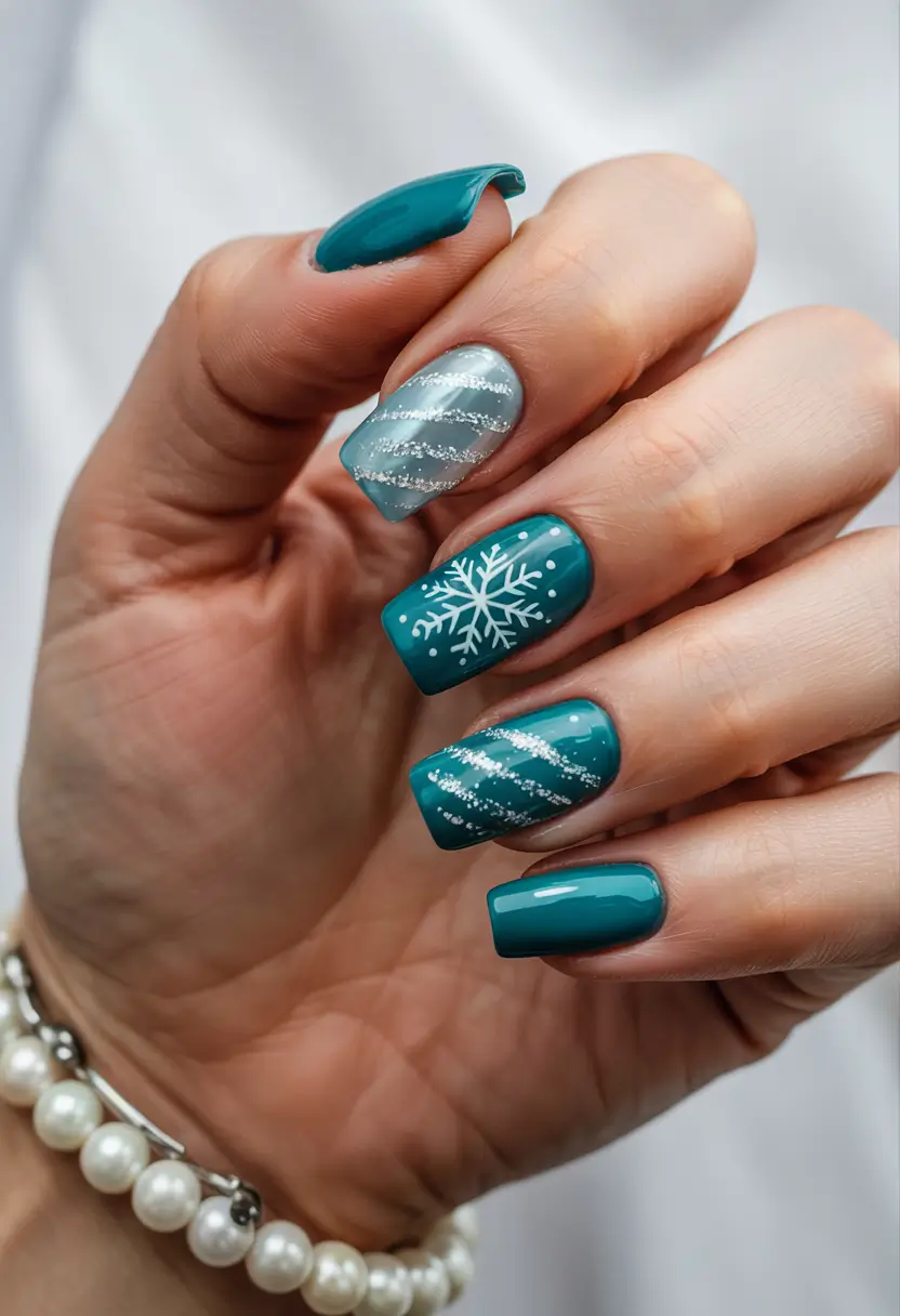 Everyday Cute Winter Nails 2025–2026 Teal Snowflake Elegance