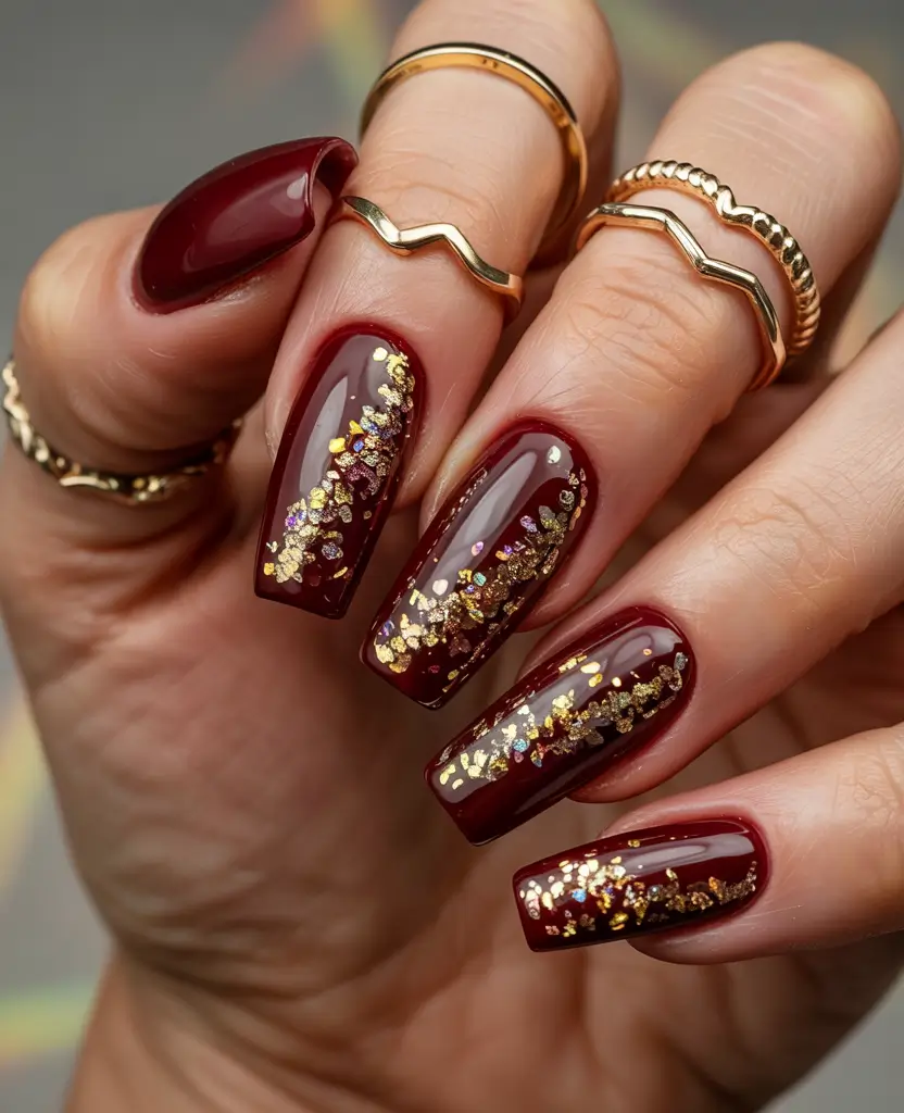 Everyday Cute Winter Nails 2025–2026 Rich Burgundy and Gold Glitter Ombre