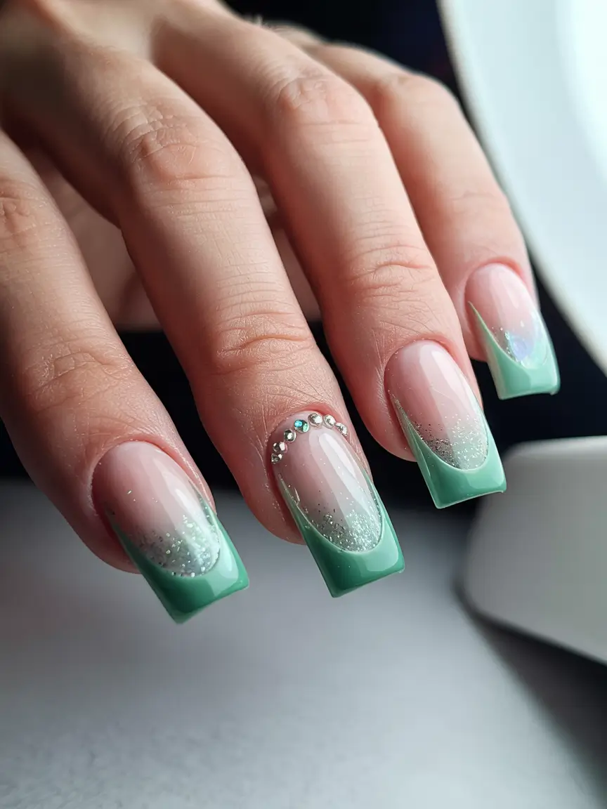 Everyday Cute Winter Nails 2025–2026 Mint French Tip with Rhinestone Accent