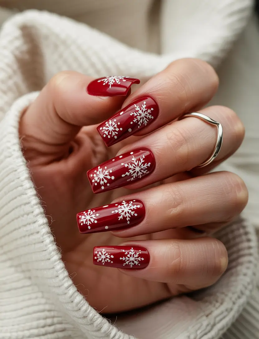 Everyday Cute Winter Nails 2025–2026 Classic Red with Snowflake Art