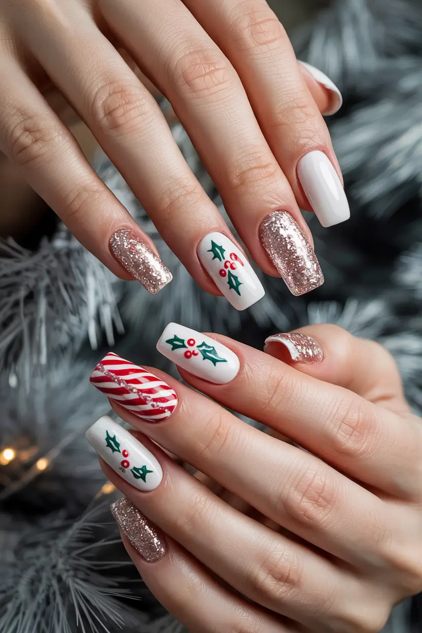 Everyday Cute Winter Nails 2025–2026 White Christmas Candy Mix