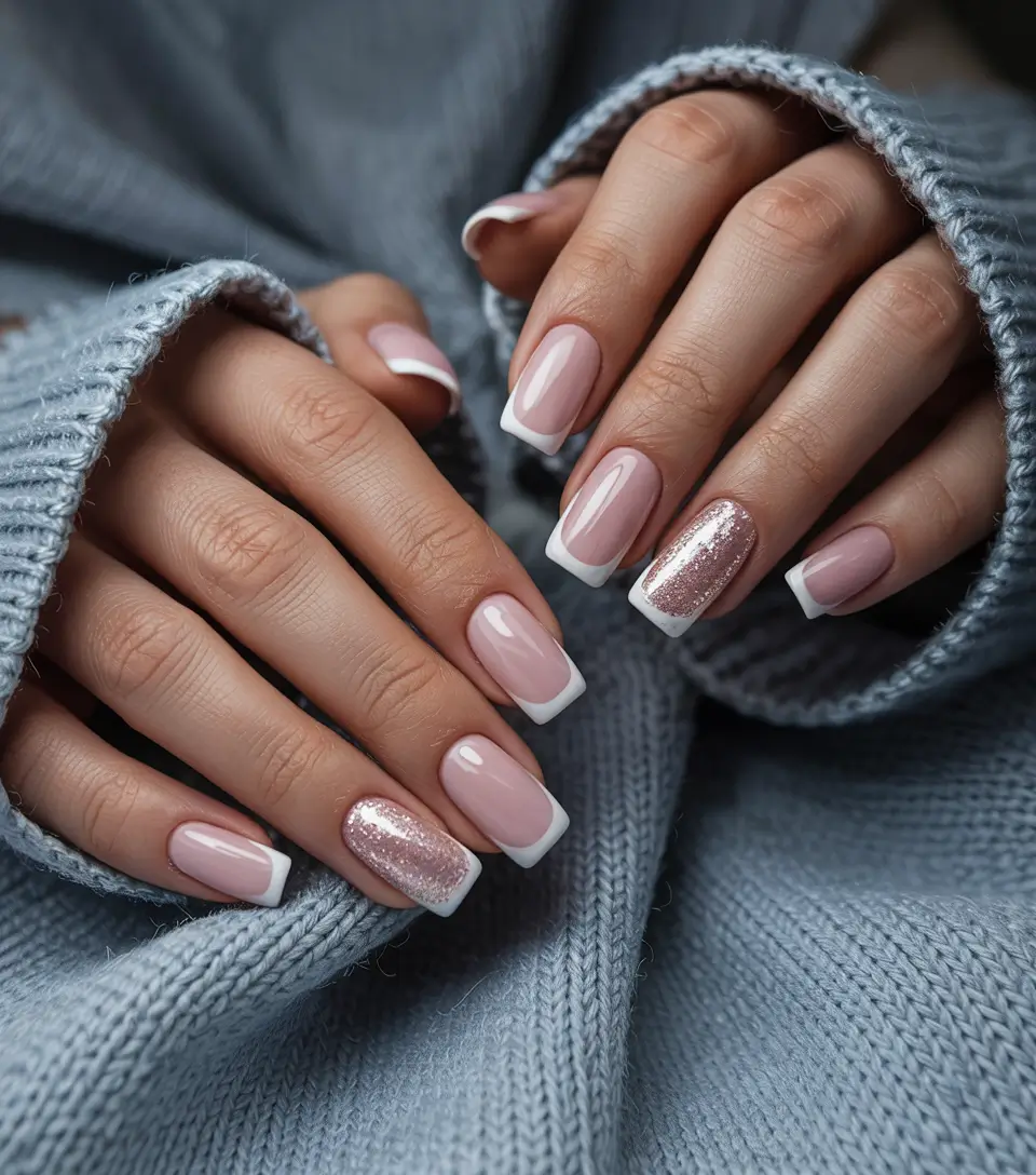 Everyday Cute Winter Nails 2025–2026 French Glitter Mix with Warm Pink Base
