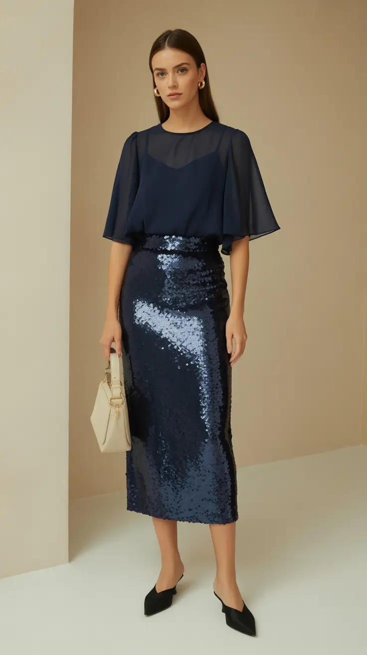 Fashion Christmas Party Outfit 2025 Navy Nights and Sequined Dreams