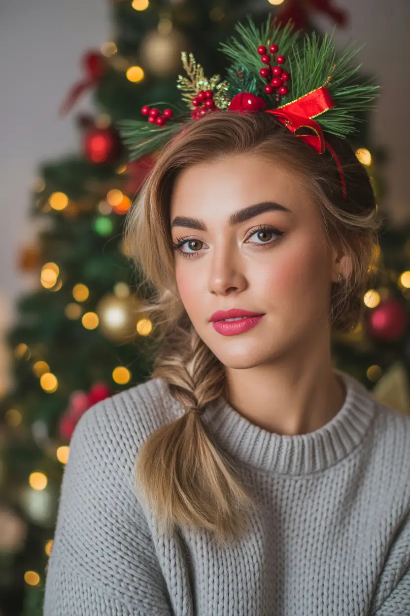 Festive Christmas Hairstyles 2025 Soft Holiday Braid with Pine and Berries