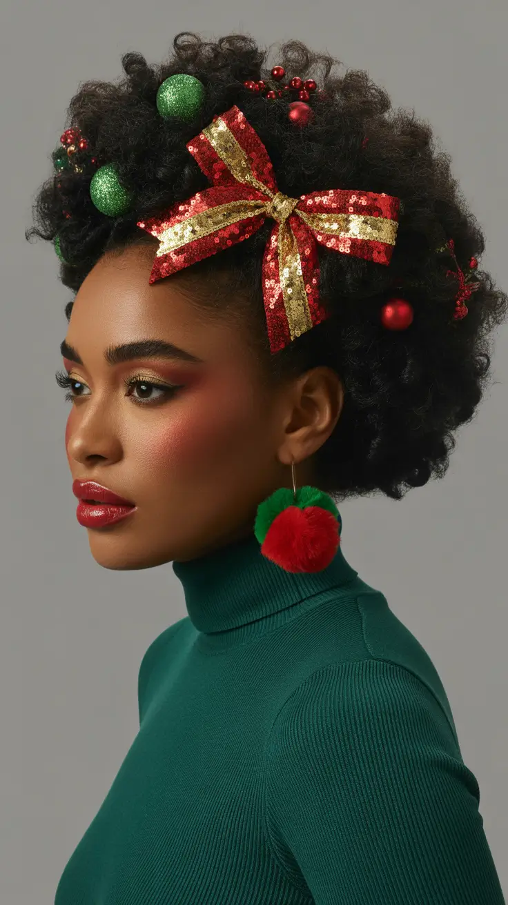 Festive Christmas Hairstyles 2025 Glam Curls with a Christmas Bow