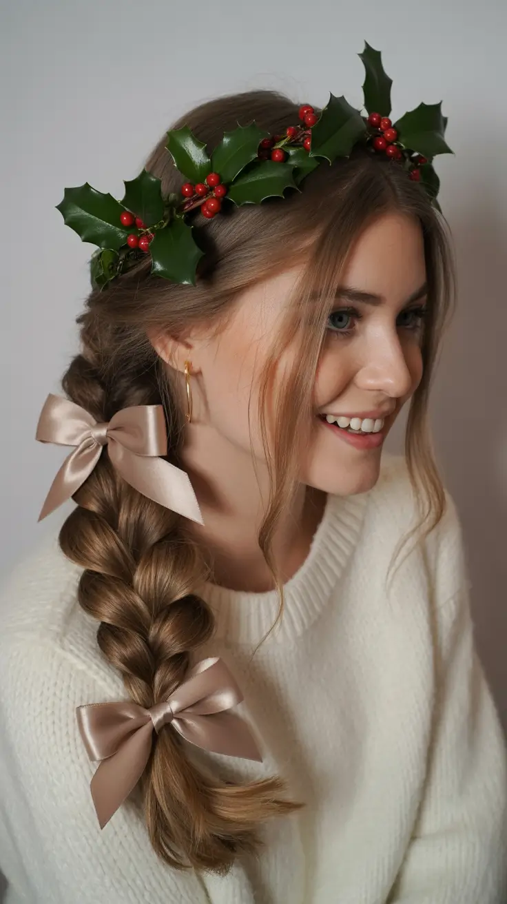 Festive Christmas Hairstyles 2025 Soft Braids with Satin Ribbons