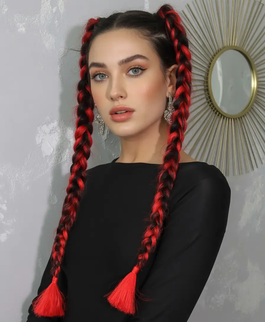 Festive Christmas Hairstyles 2025 Bold Braids in Holiday Red
