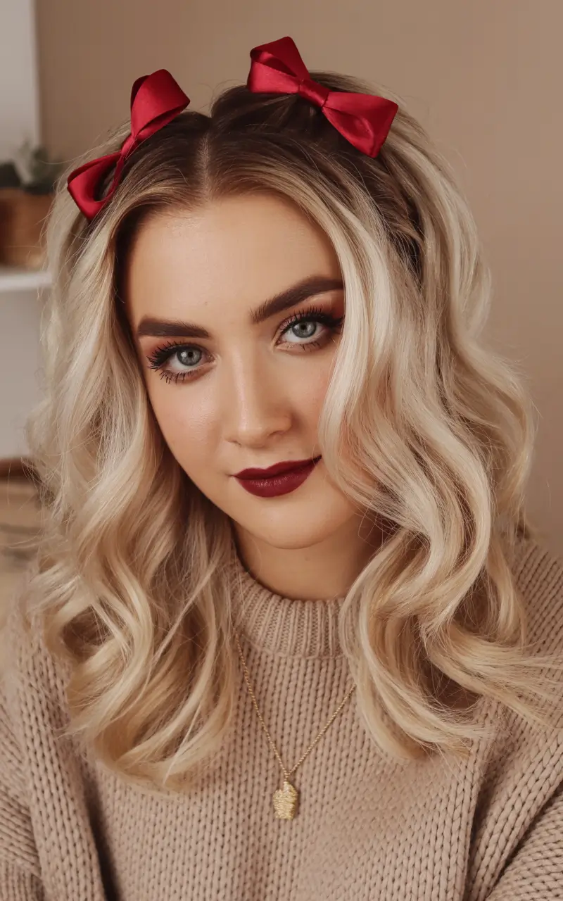 Festive Christmas Hairstyles 2025 Soft Curls with Double Red Bows