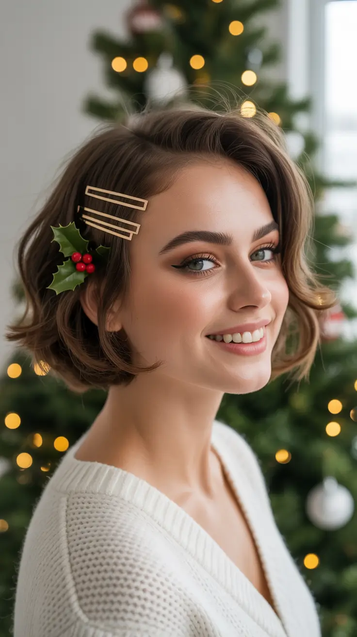 Festive Christmas Hairstyles 2025 Short Glam with Holly Pins
