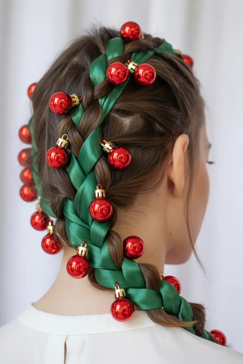 Festive Christmas Hairstyles 2025 Christmas Ornament Braids