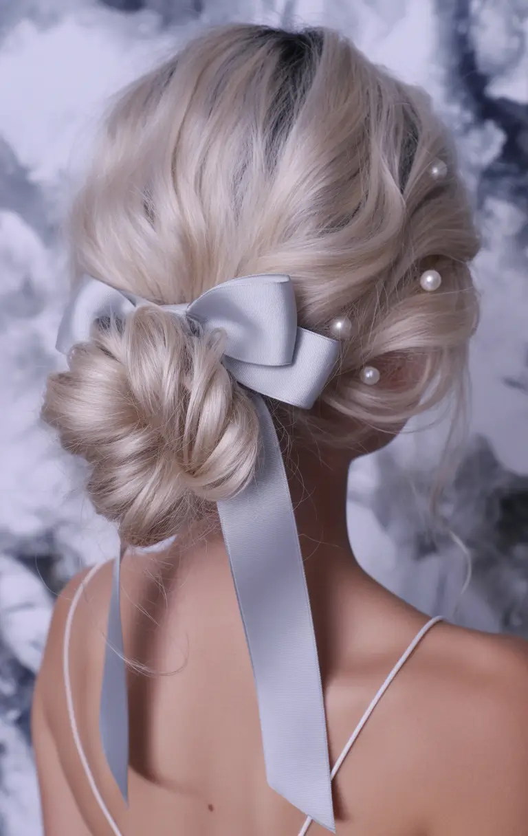 Festive Christmas Hairstyles 2025 Frosted Bun with Pearls and Ribbon
