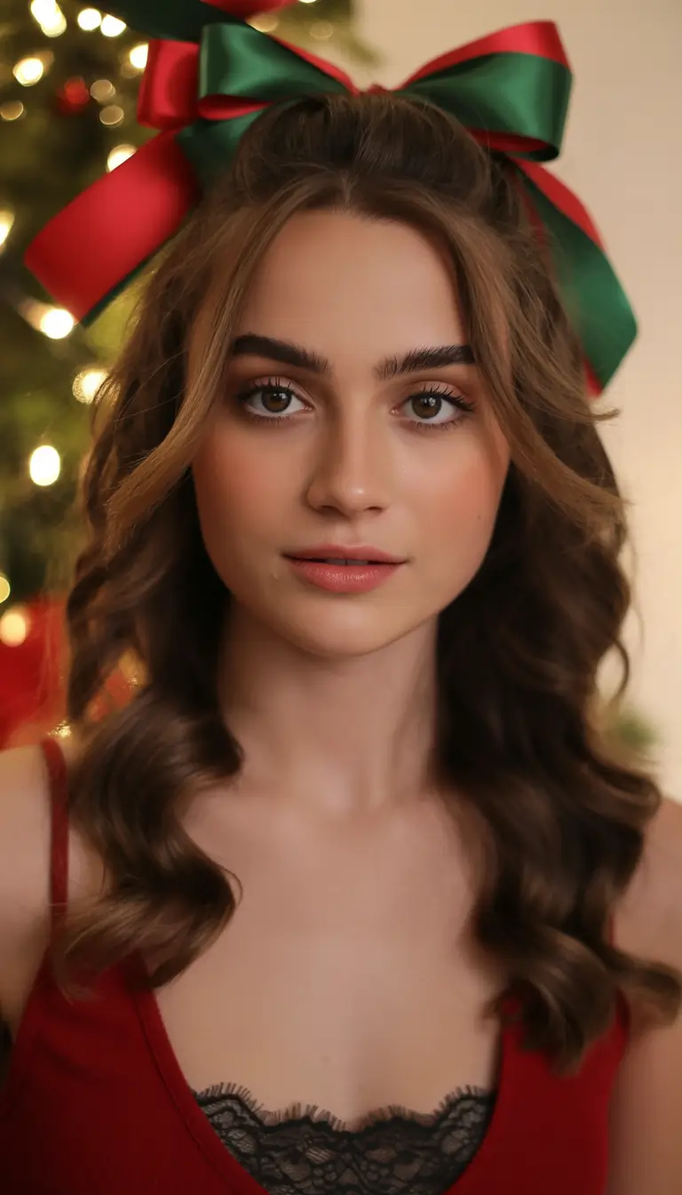 Festive Christmas Hairstyles 2025 Half-Up Curls with Oversized Christmas Bow