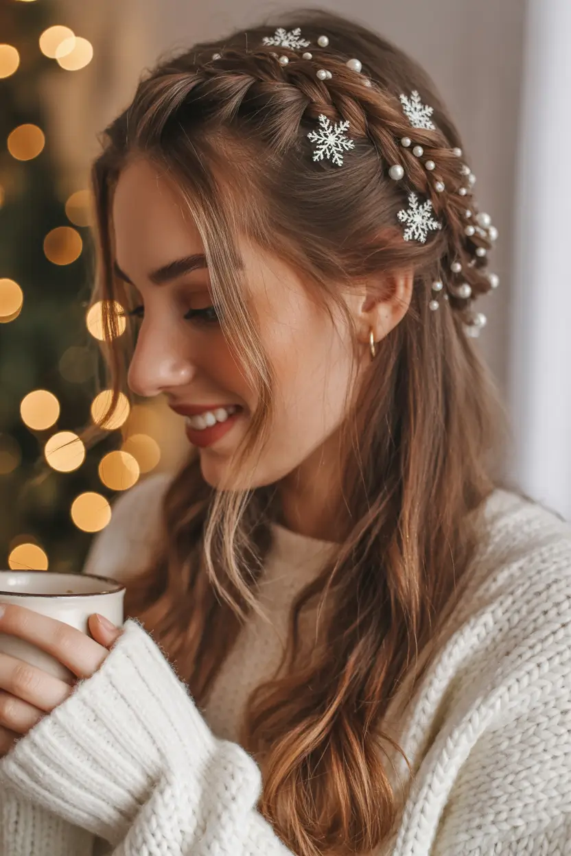 Festive Christmas Hairstyles 2025 Snowflake Braid with Pearls