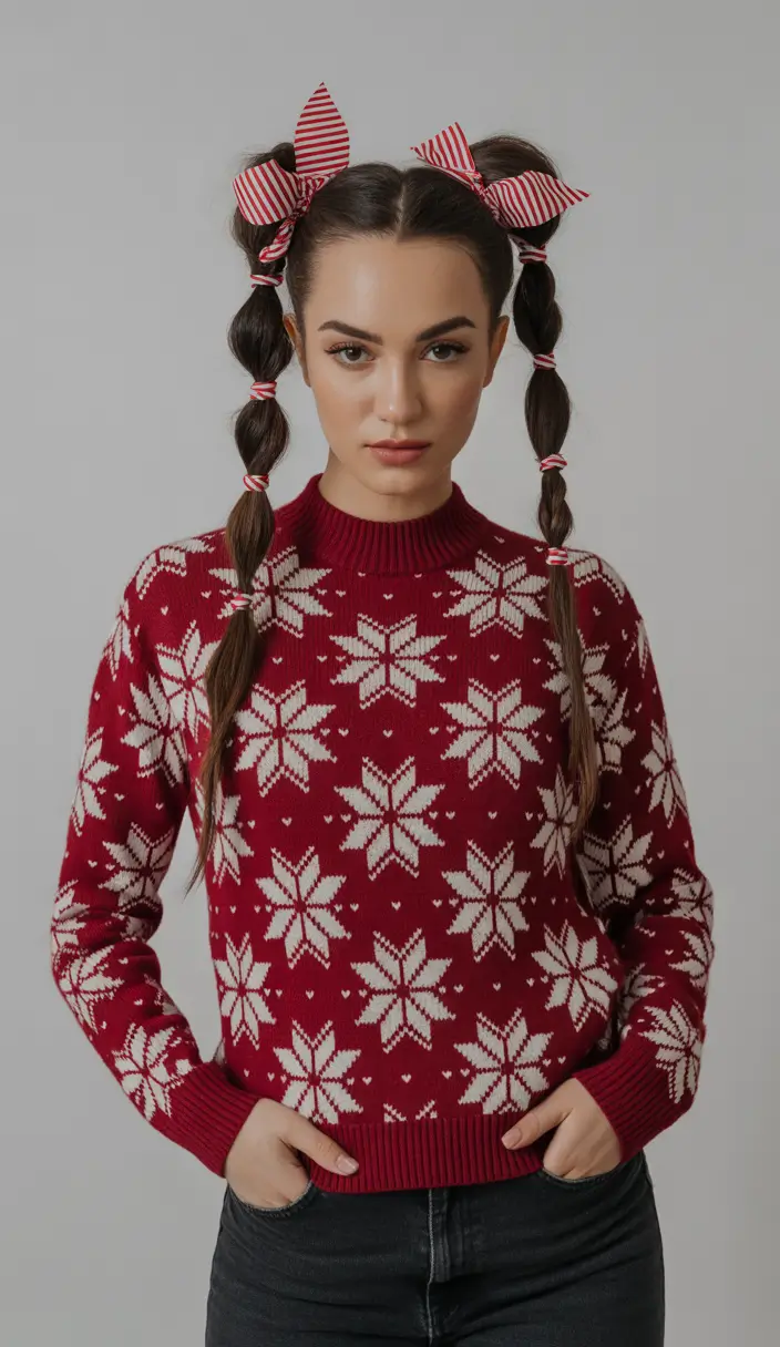 Festive Christmas Hairstyles 2025 Playful Bubble Braids with Candy-Stripe Bows
