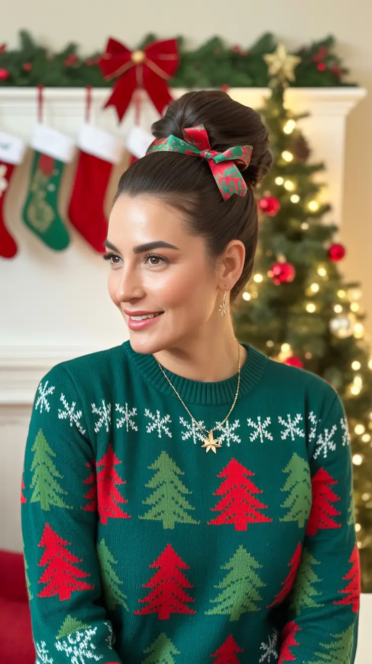 Festive Christmas Hairstyles 2025 Elegant Holiday Bun with Festive Ribbon