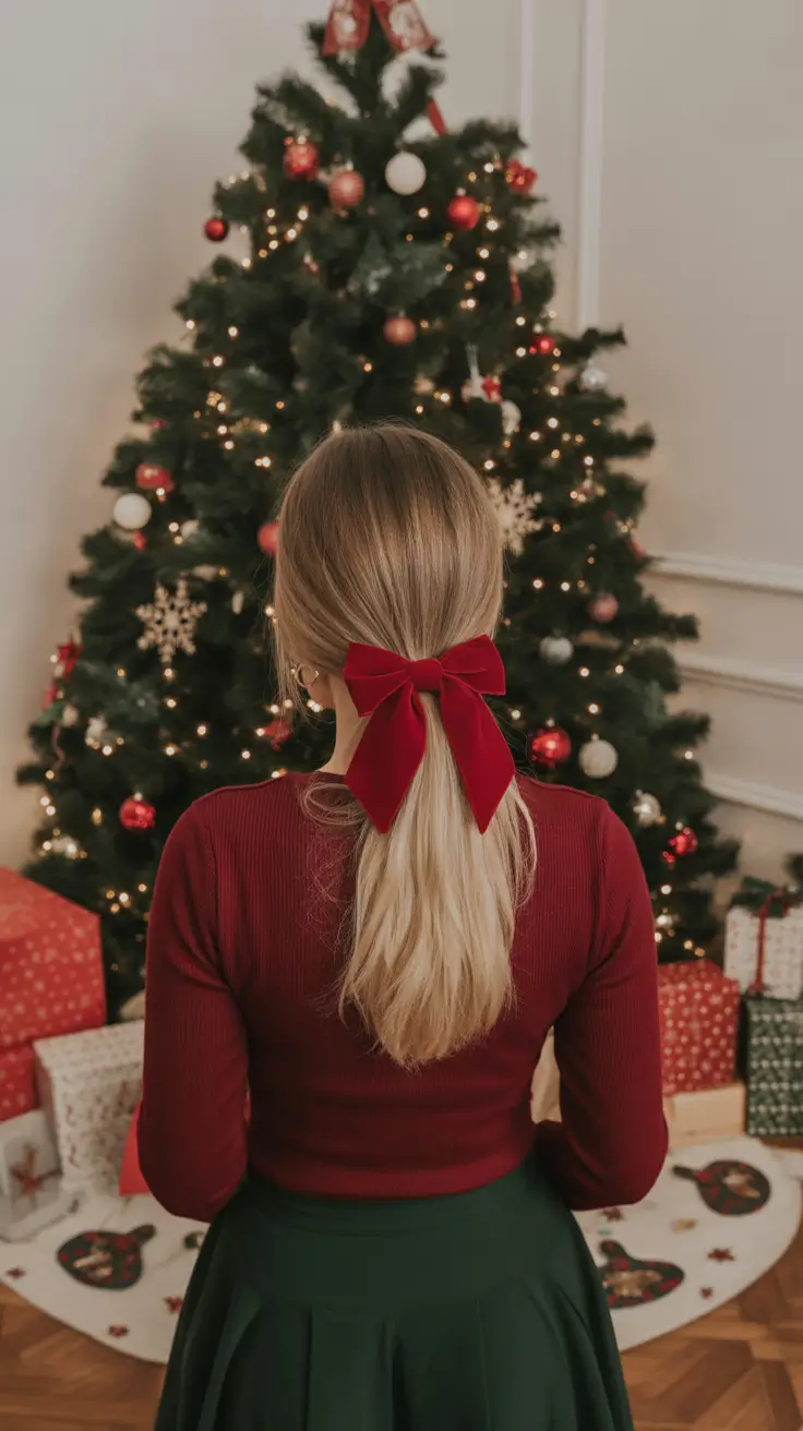 Festive Christmas Hairstyles 2025 Low Ponytail with Velvet Bow