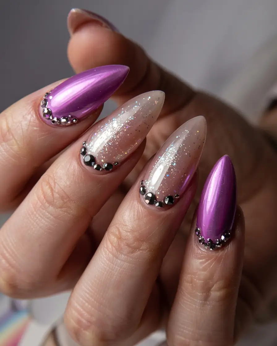 Fresh Nail Colors Winter 2025–2026 Metallic Plum with Gem Accents
