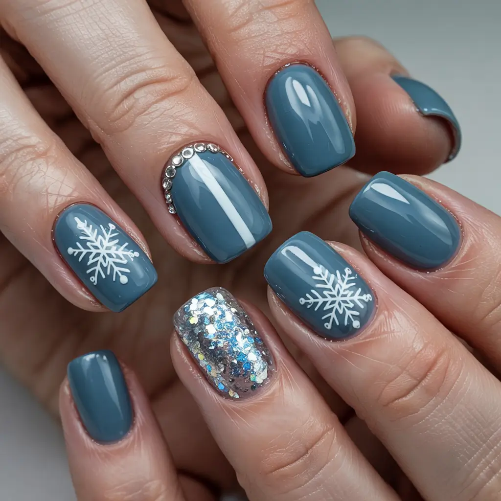 Fresh Nail Colors Winter 2025–2026 Frosty Blue with Rhinestone Edge