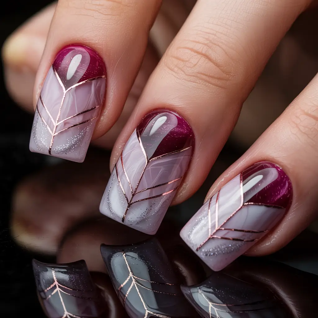 Fresh Nail Colors Winter 2025–2026 Wine Marble with Metallic Veins
