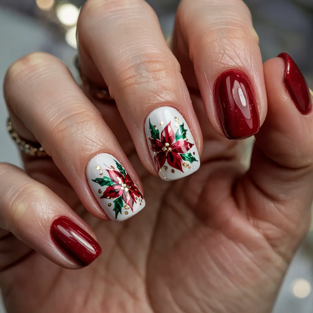 Fresh Nail Colors Winter 2025–2026 Classic Red with Poinsettia Art