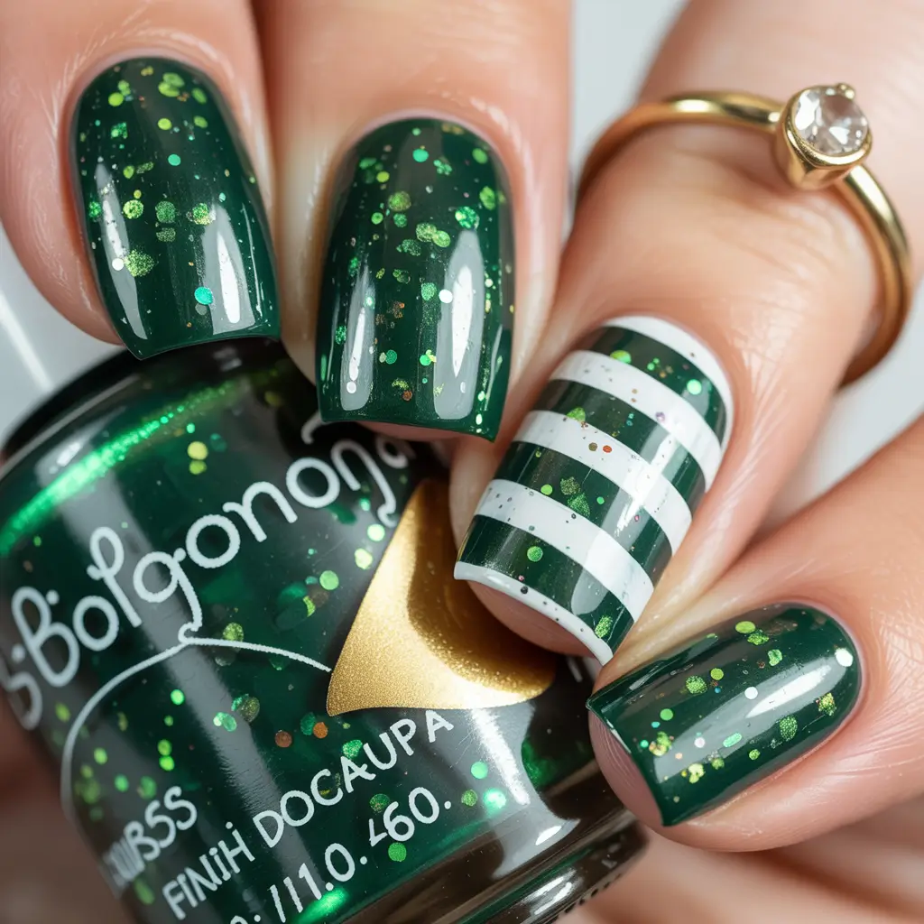 Green Nail Trends for Winter 2025–2026 - Emerald Stripes & Sparkles