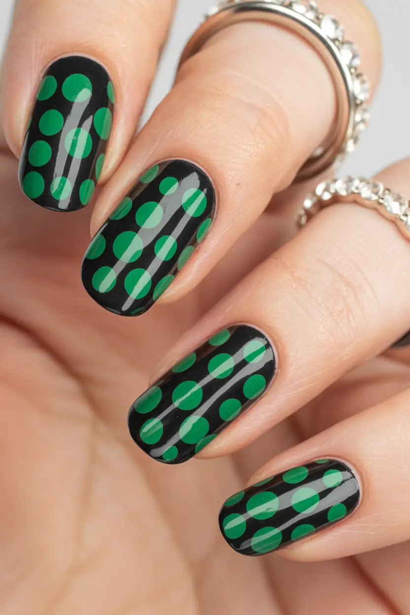 Green Nail Trends for Winter 2025–2026 - Green Polka Noir