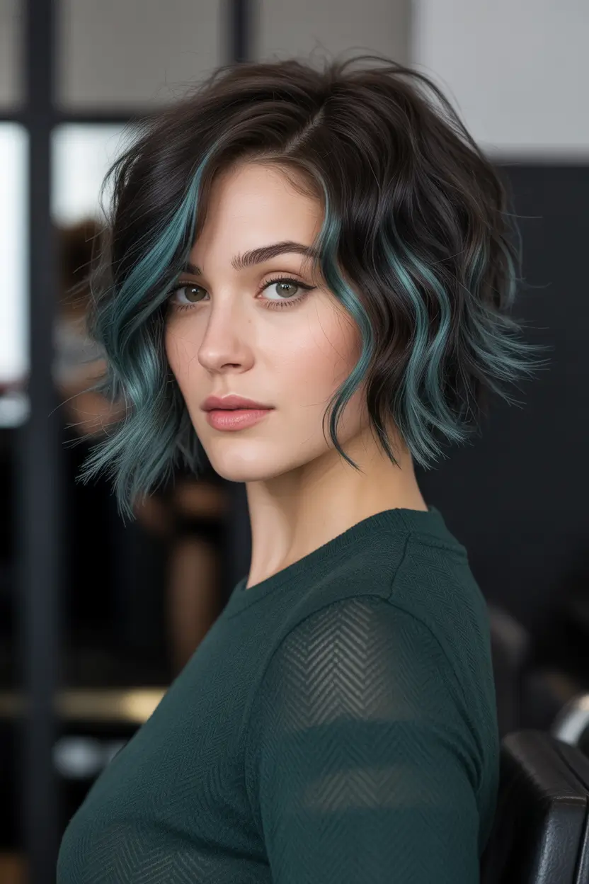Highlighted Hair Colors for Winter 2025–2026 Brunette Teal Bob