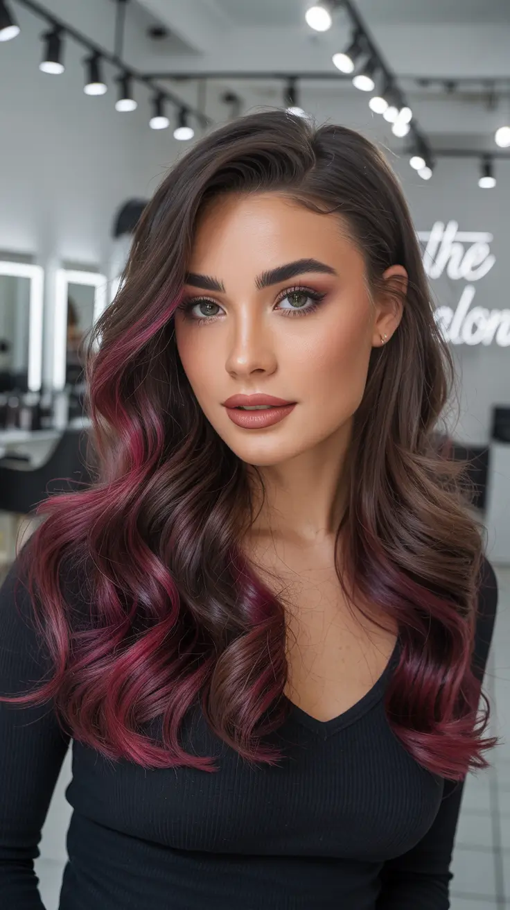 Highlighted Hair Colors for Winter 2025–2026 Berry Balayage Brunette