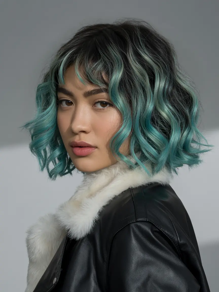 Highlighted Hair Colors for Winter 2025–2026 Teal Bob