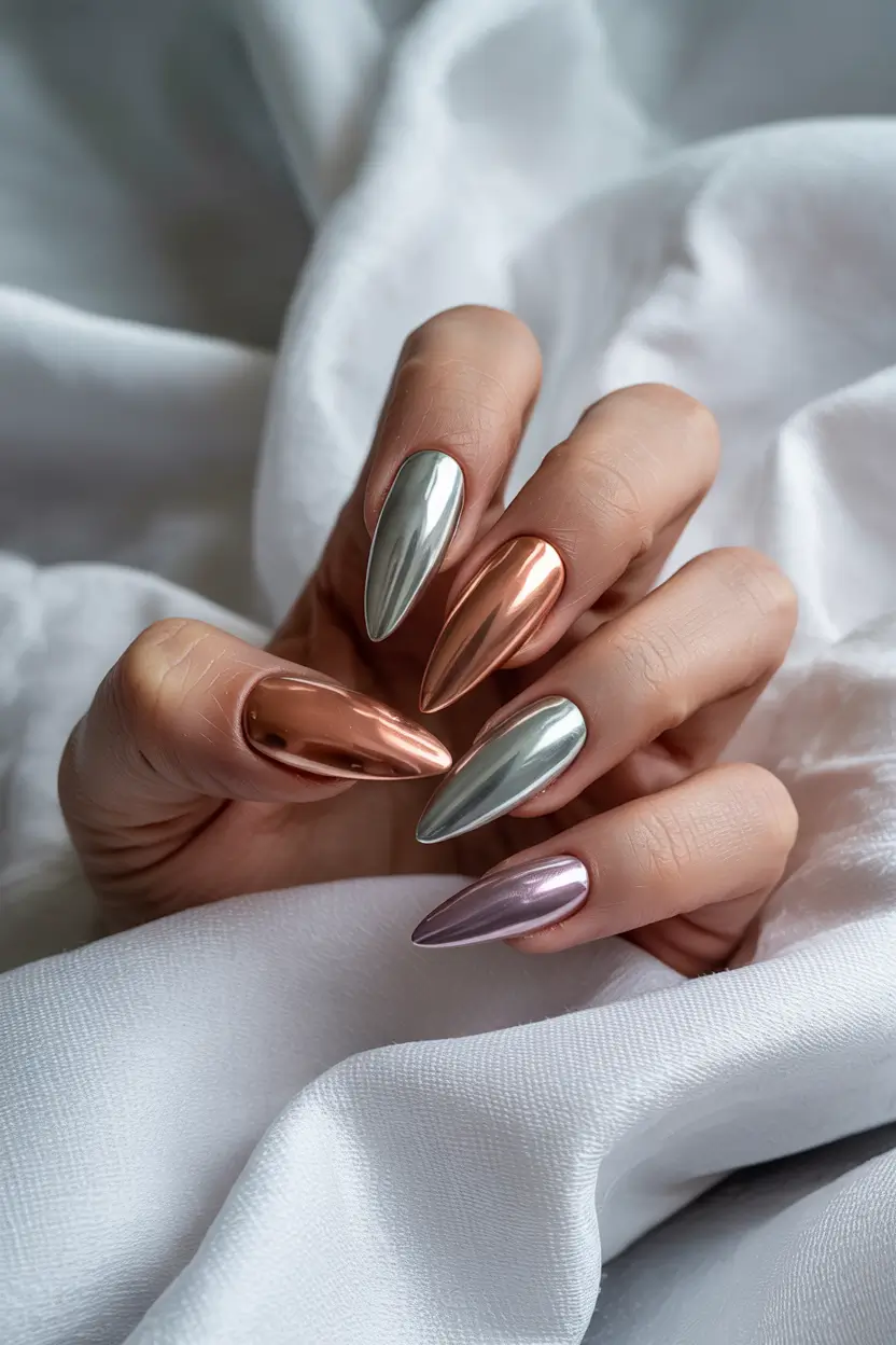 Modern Acrylic Nails Winter 2025–2026 Metallic Almond Elegance