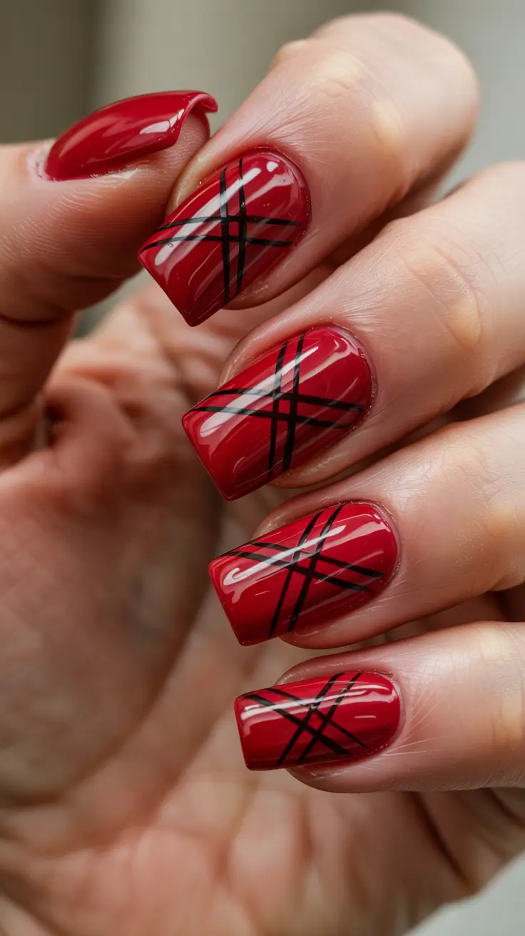 Modern Acrylic Nails Winter 2025–2026 Crimson Lines