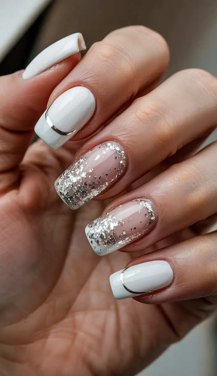 Modern Acrylic Nails Winter 2025–2026 White and Silver Glow