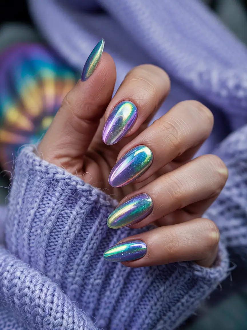 Modern Acrylic Nails Winter 2025–2026 Holographic Lavender Shine