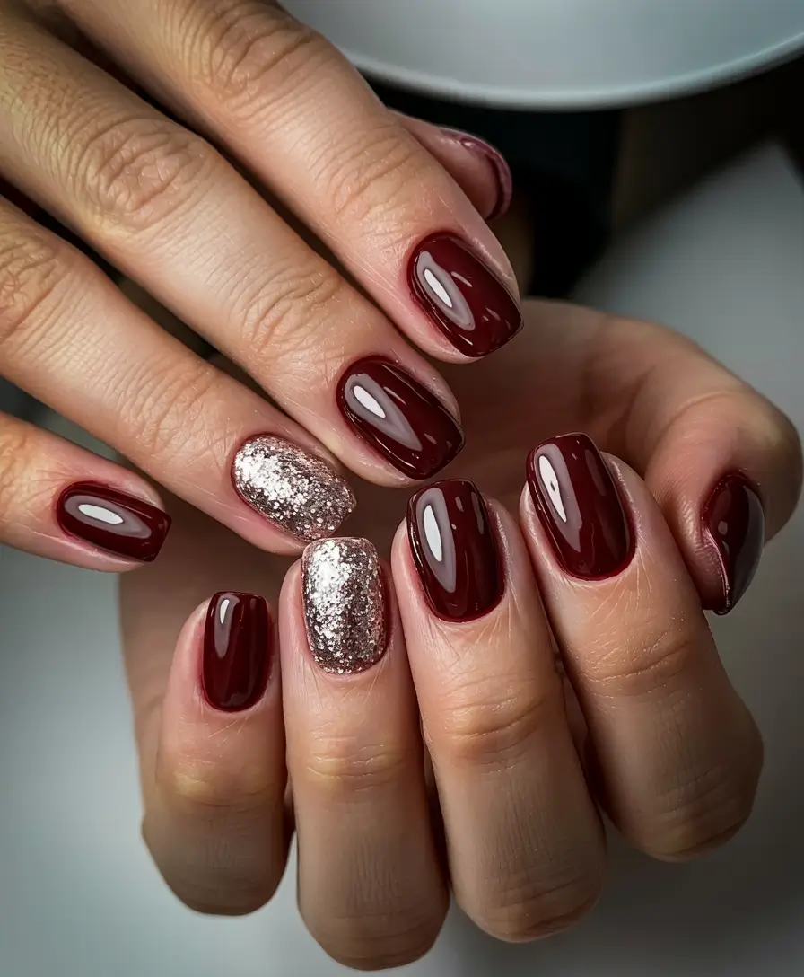 Modern Acrylic Nails Winter 2025–2026 Burgundy and Gold Accent