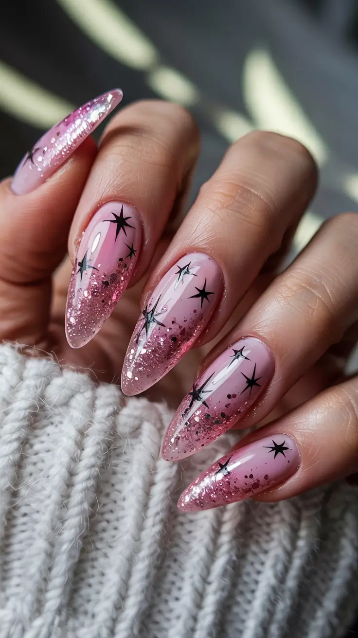 Modern Acrylic Nails Winter 2025–2026 Pink Sparkle Constellation