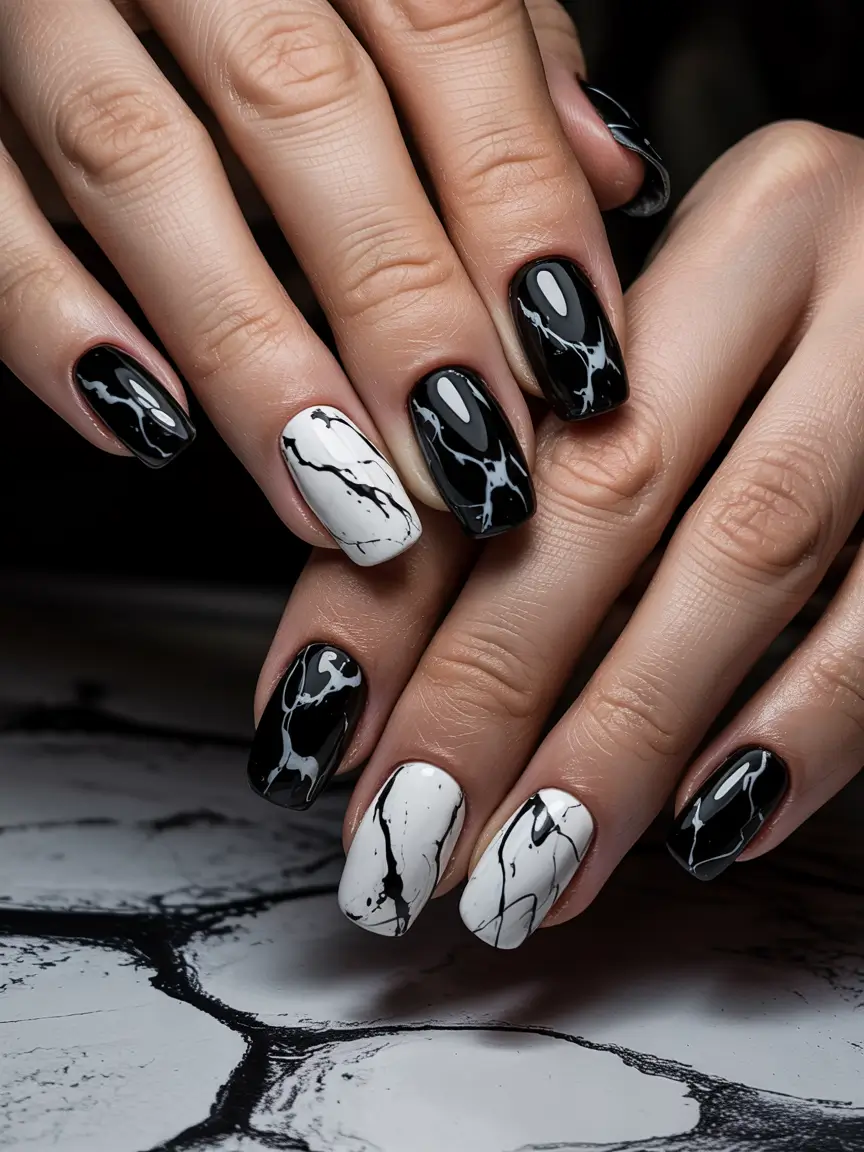 Modern Acrylic Nails Winter 2025–2026 Monochrome Marble Magic