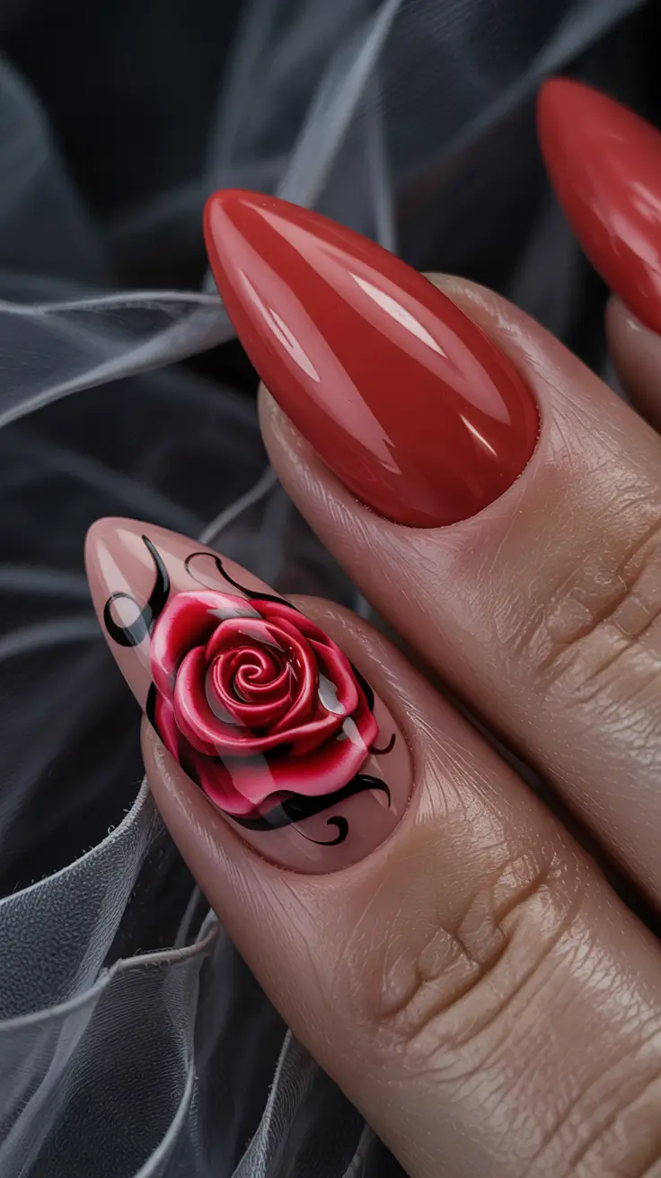 Modern Acrylic Nails Winter 2025–2026 Classic Red Rose Accent