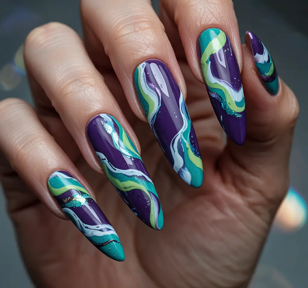 Modern Acrylic Nails Winter 2025–2026 Northern Lights Flow