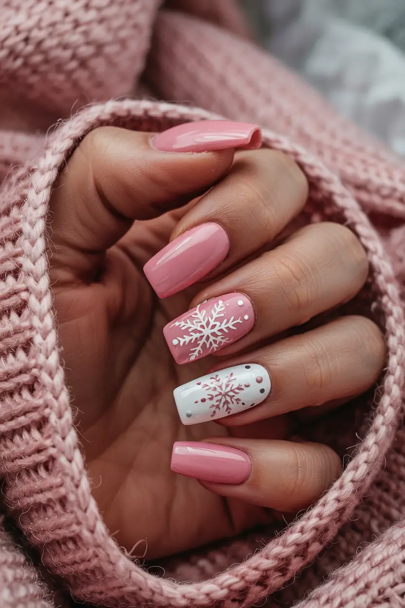 Modern Acrylic Nails Winter 2025–2026 Soft Pink Snowflakes