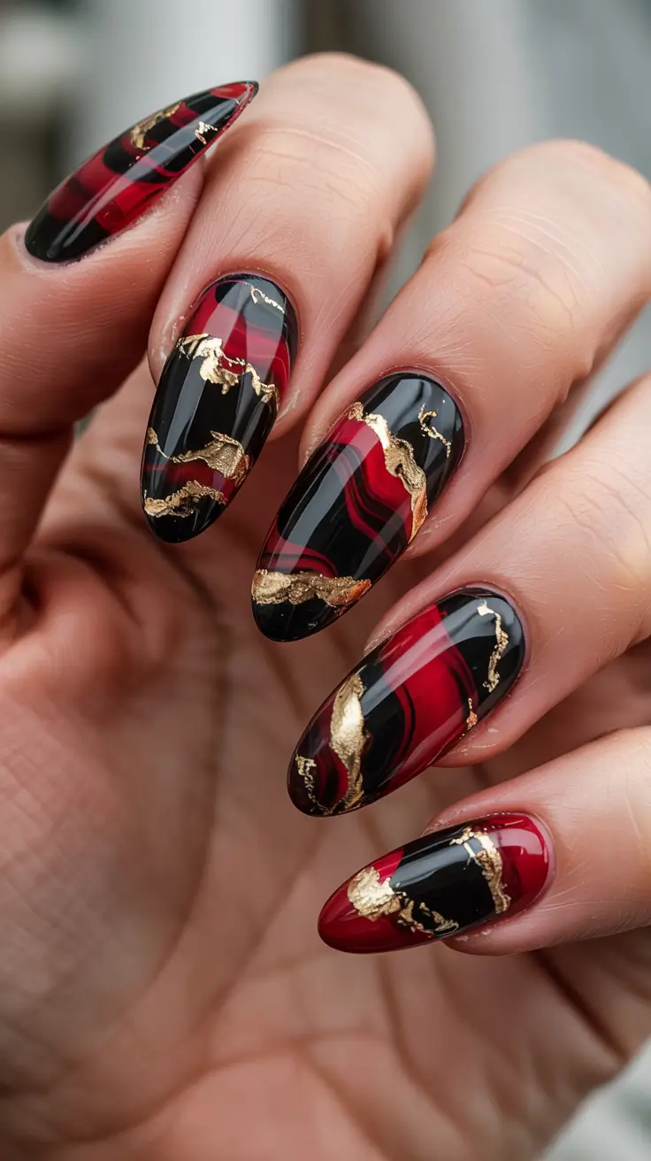 Modern Acrylic Nails Winter 2025–2026 Black and Red Marble Luxe