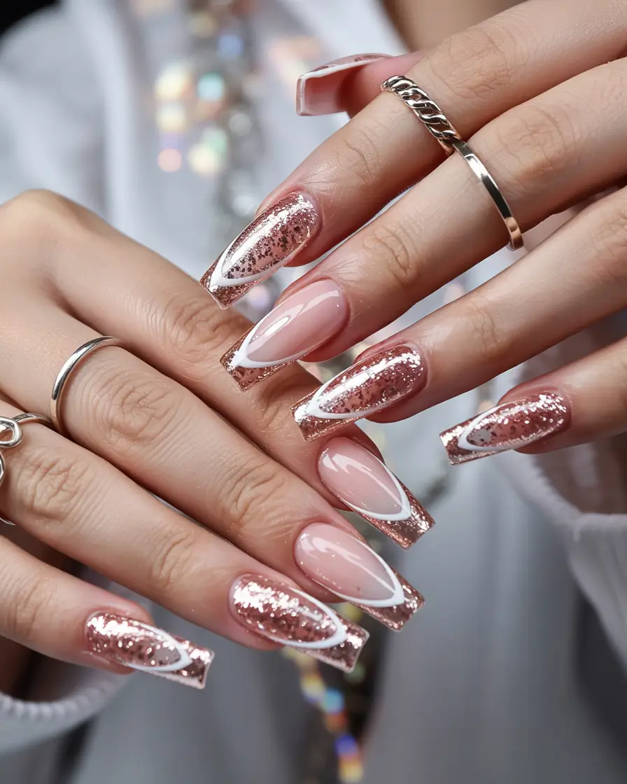 Modern Acrylic Nails Winter 2025–2026 Rose Gold French Magic